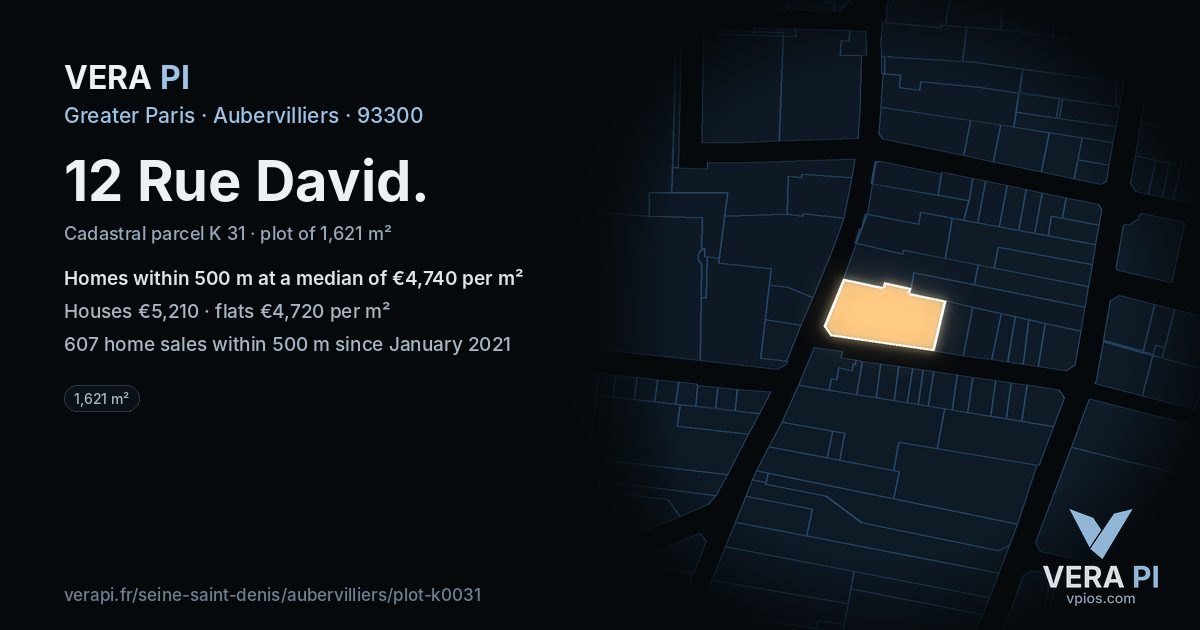 12 Rue David, Aubervilliers at night – the plot lit, the parcels around coloured by the prices near them