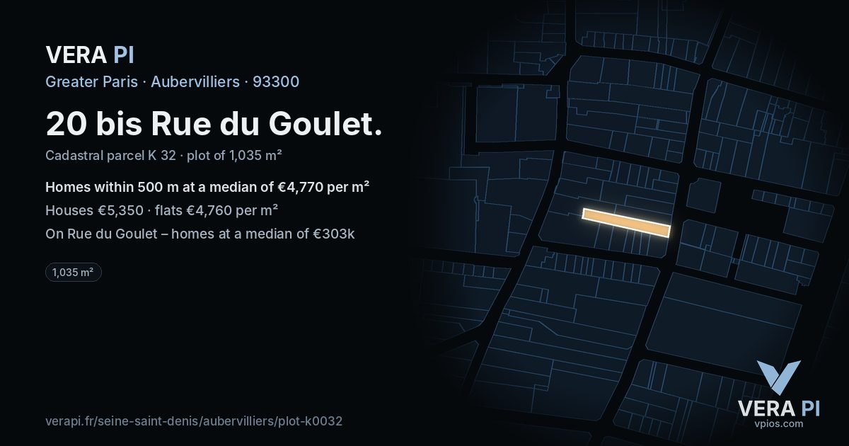 20 bis Rue du Goulet, Aubervilliers at night – the plot lit, the parcels around coloured by the prices near them