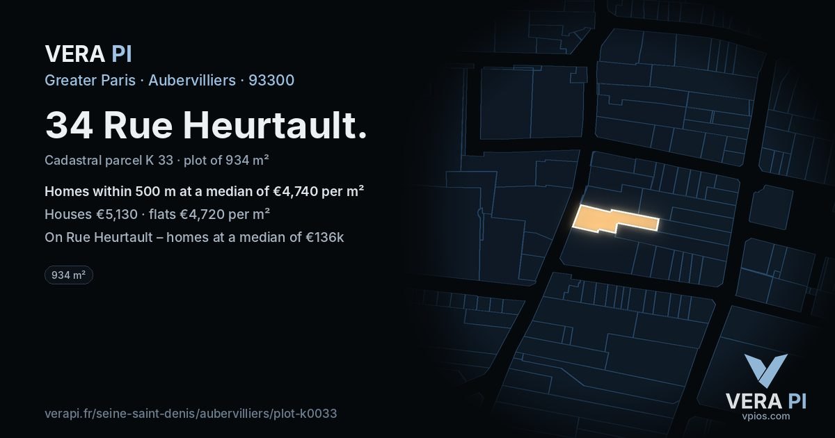 34 Rue Heurtault, Aubervilliers at night – the plot lit, the parcels around coloured by the prices near them