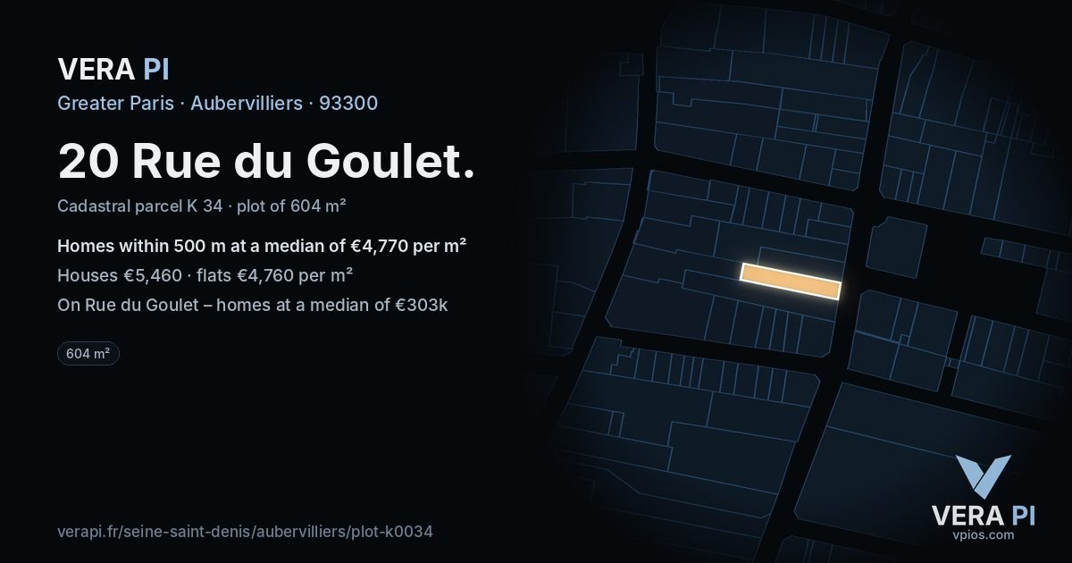 20 Rue du Goulet, Aubervilliers at night – the plot lit, the parcels around coloured by the prices near them
