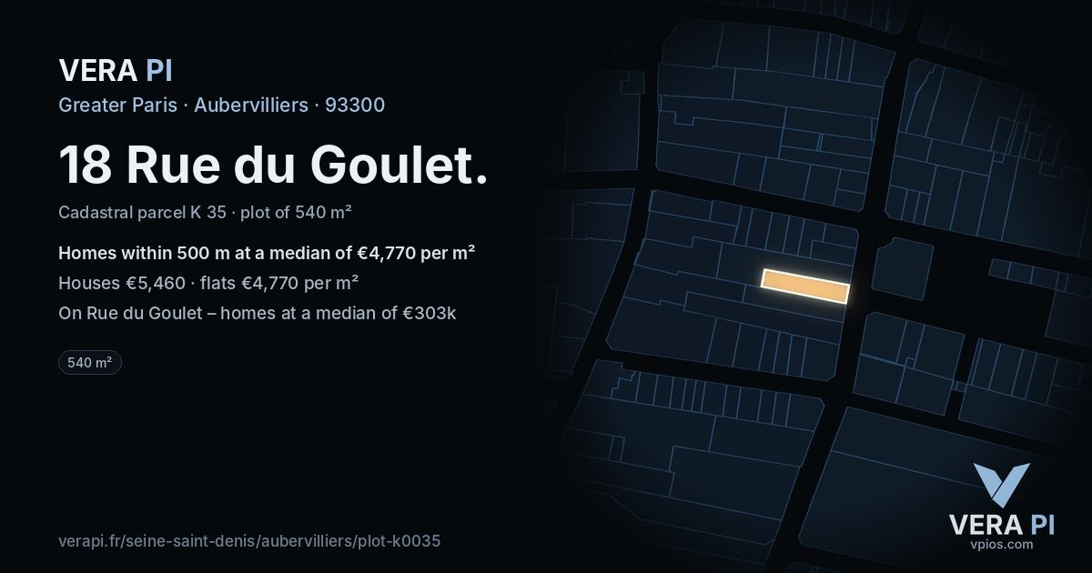 18 Rue du Goulet, Aubervilliers at night – the plot lit, the parcels around coloured by the prices near them