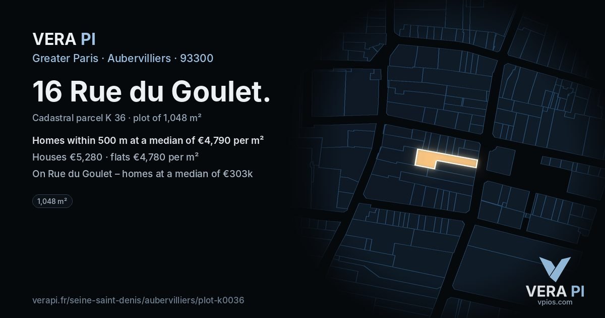 16 Rue du Goulet, Aubervilliers at night – the plot lit, the parcels around coloured by the prices near them