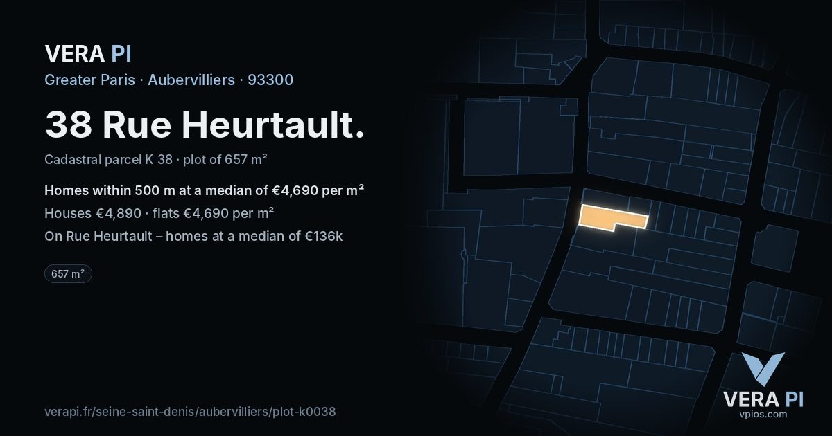38 Rue Heurtault, Aubervilliers at night – the plot lit, the parcels around coloured by the prices near them