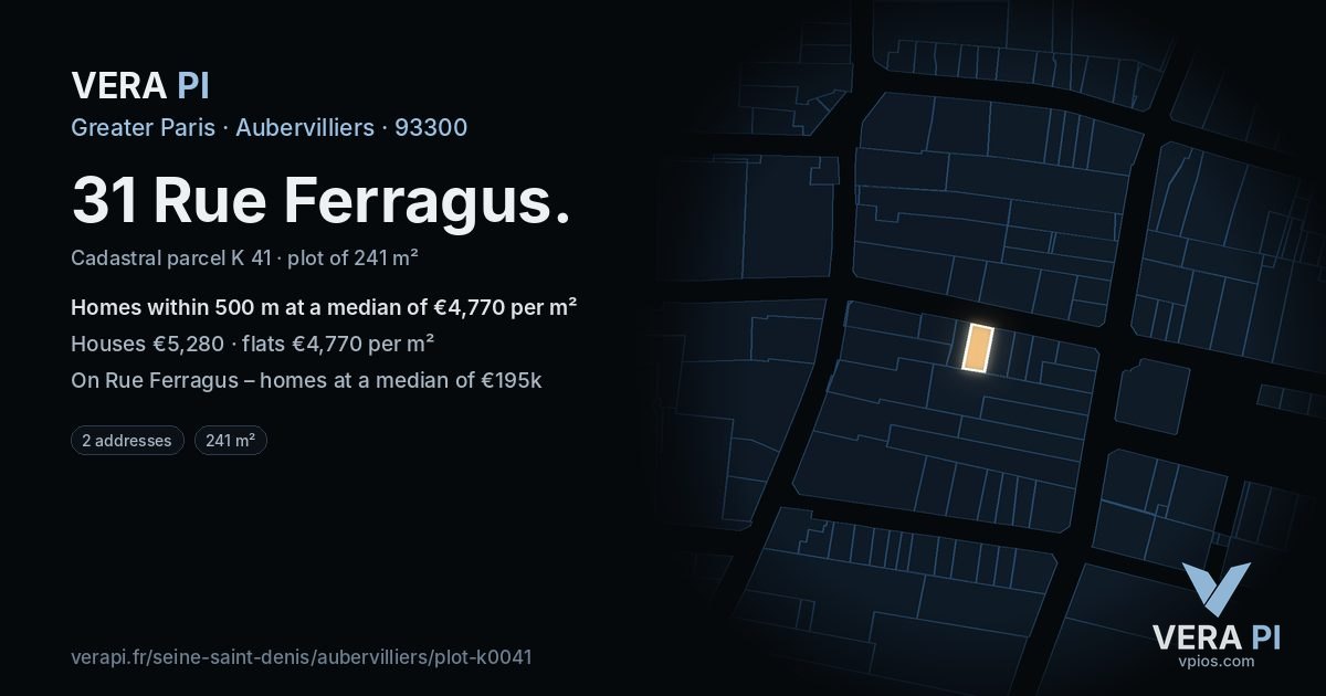 31 Rue Ferragus, Aubervilliers at night – the plot lit, the parcels around coloured by the prices near them