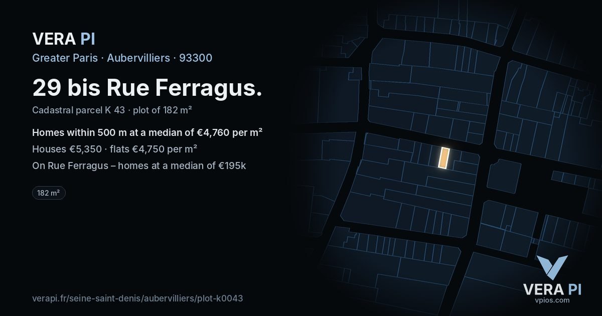 29 bis Rue Ferragus, Aubervilliers at night – the plot lit, the parcels around coloured by the prices near them