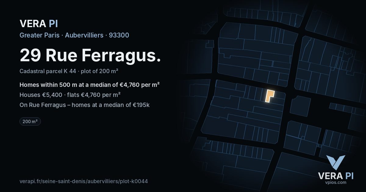 29 Rue Ferragus, Aubervilliers at night – the plot lit, the parcels around coloured by the prices near them