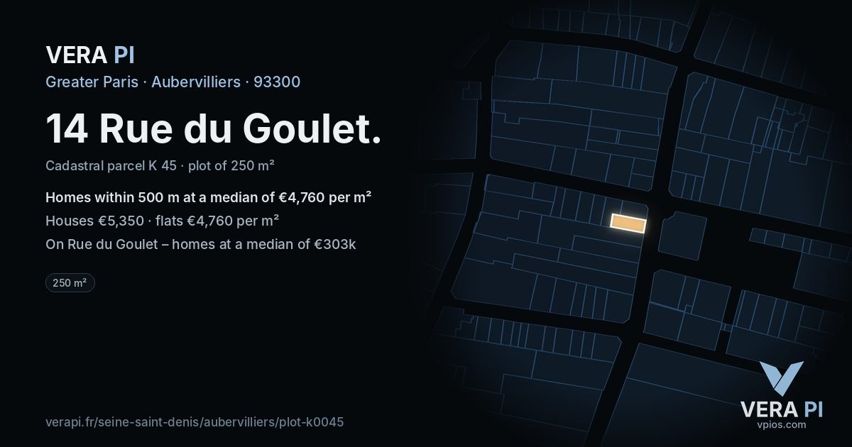 14 Rue du Goulet, Aubervilliers at night – the plot lit, the parcels around coloured by the prices near them