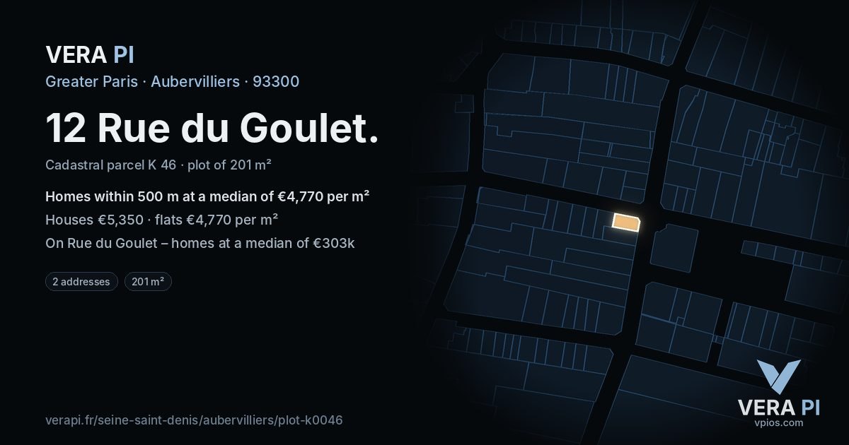 12 Rue du Goulet, Aubervilliers at night – the plot lit, the parcels around coloured by the prices near them