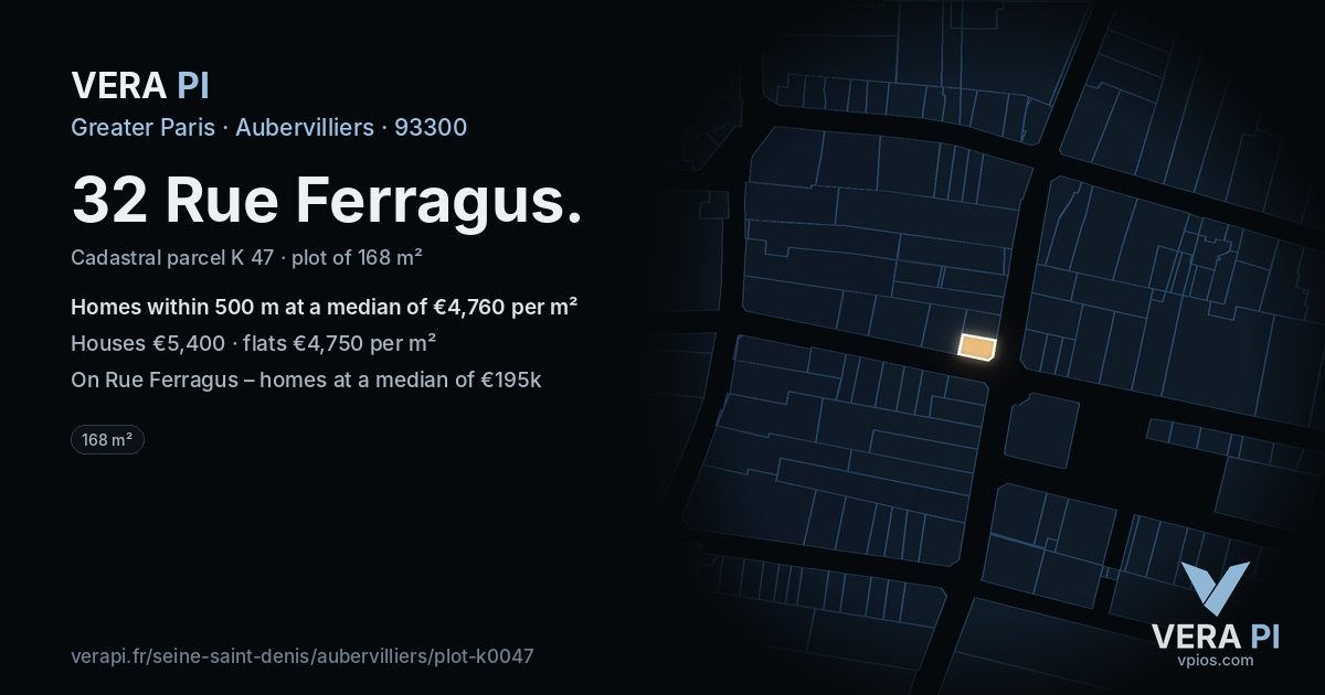 32 Rue Ferragus, Aubervilliers at night – the plot lit, the parcels around coloured by the prices near them