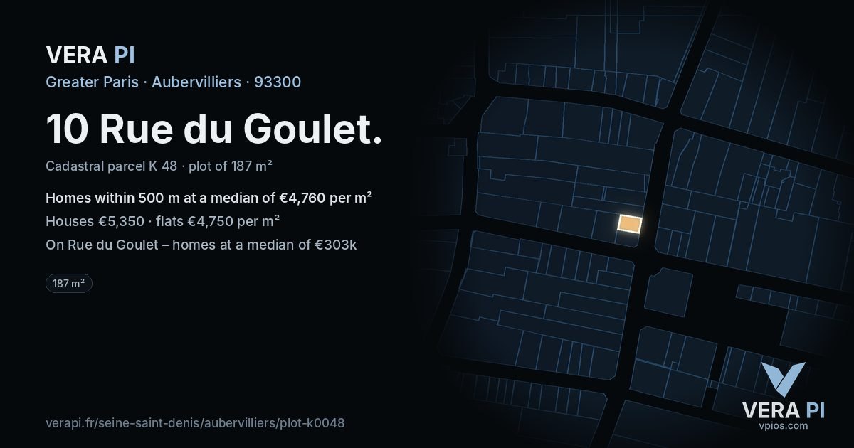 10 Rue du Goulet, Aubervilliers at night – the plot lit, the parcels around coloured by the prices near them