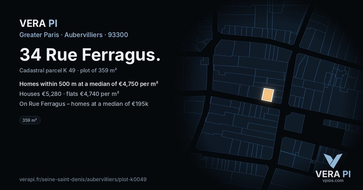 34 Rue Ferragus, Aubervilliers at night – the plot lit, the parcels around coloured by the prices near them