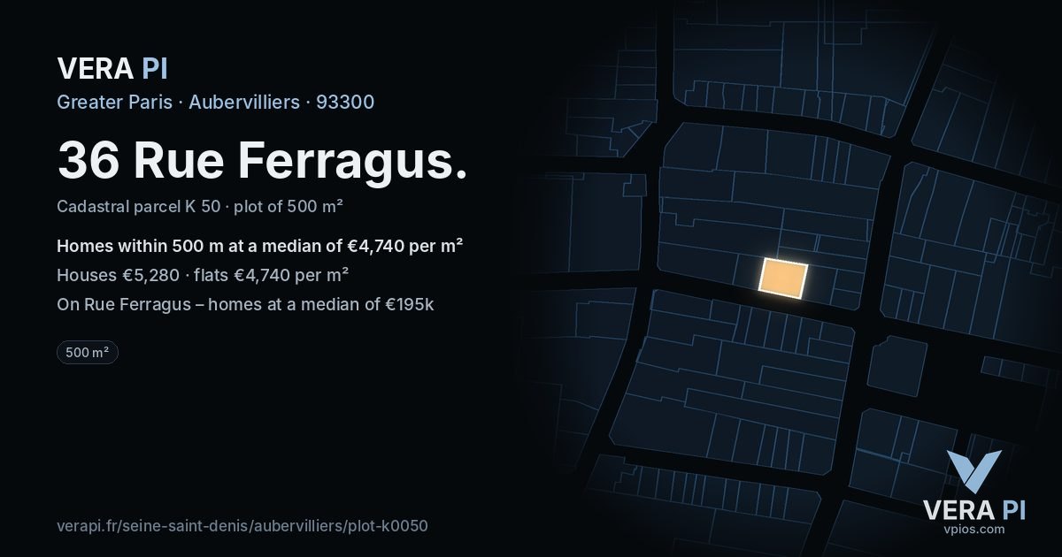 36 Rue Ferragus, Aubervilliers at night – the plot lit, the parcels around coloured by the prices near them