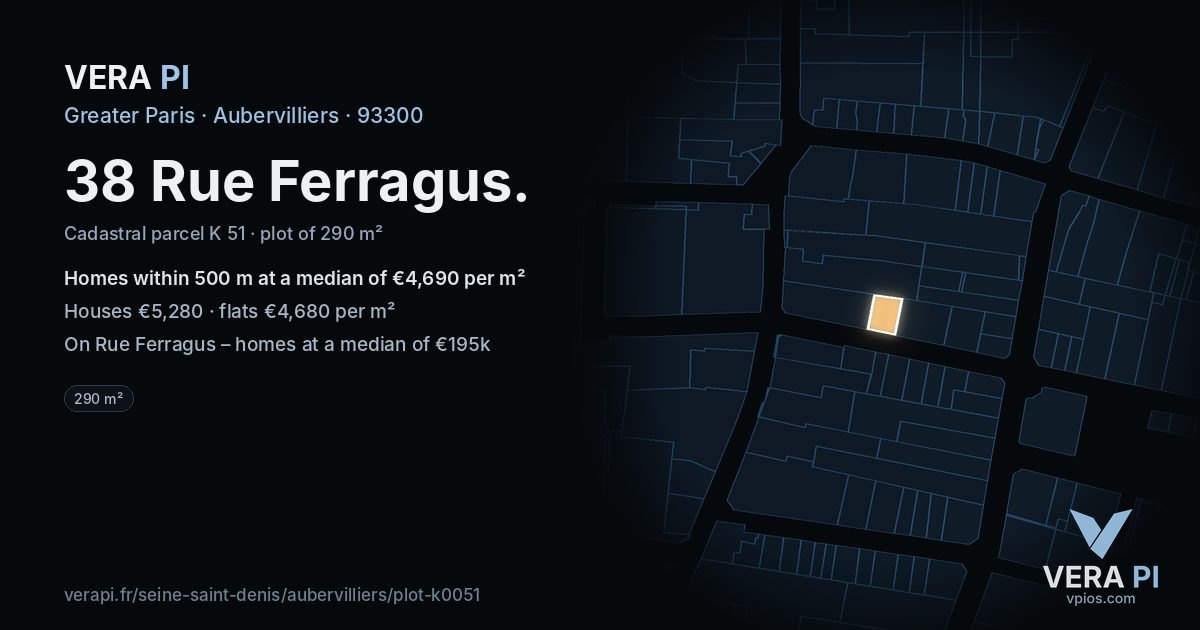 38 Rue Ferragus, Aubervilliers at night – the plot lit, the parcels around coloured by the prices near them