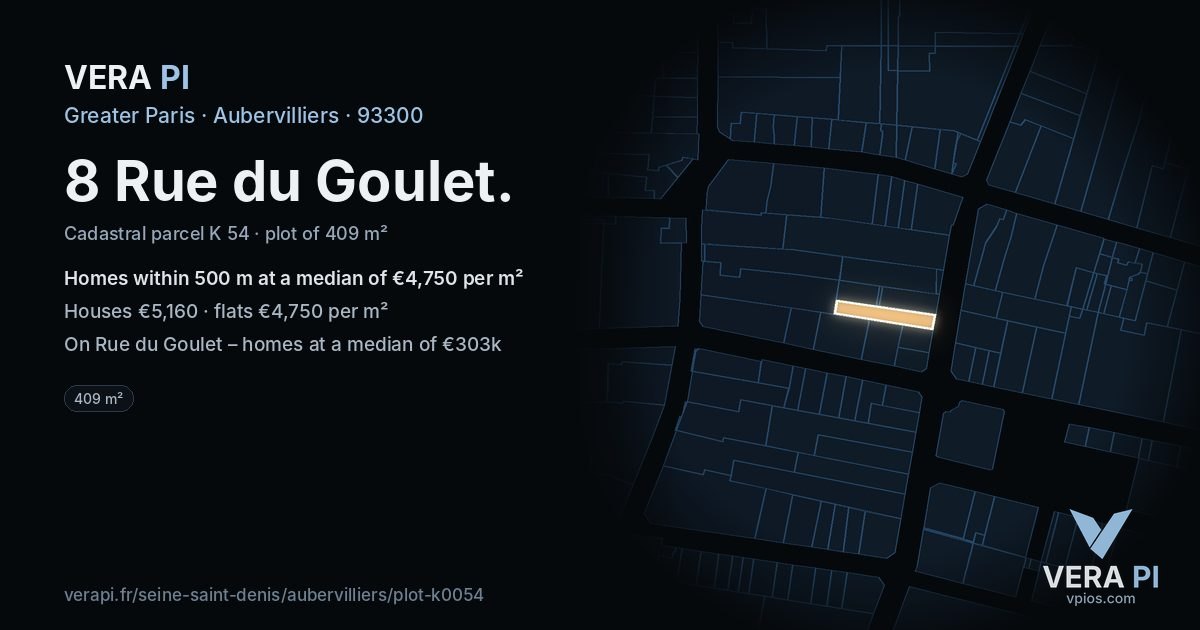 8 Rue du Goulet, Aubervilliers at night – the plot lit, the parcels around coloured by the prices near them