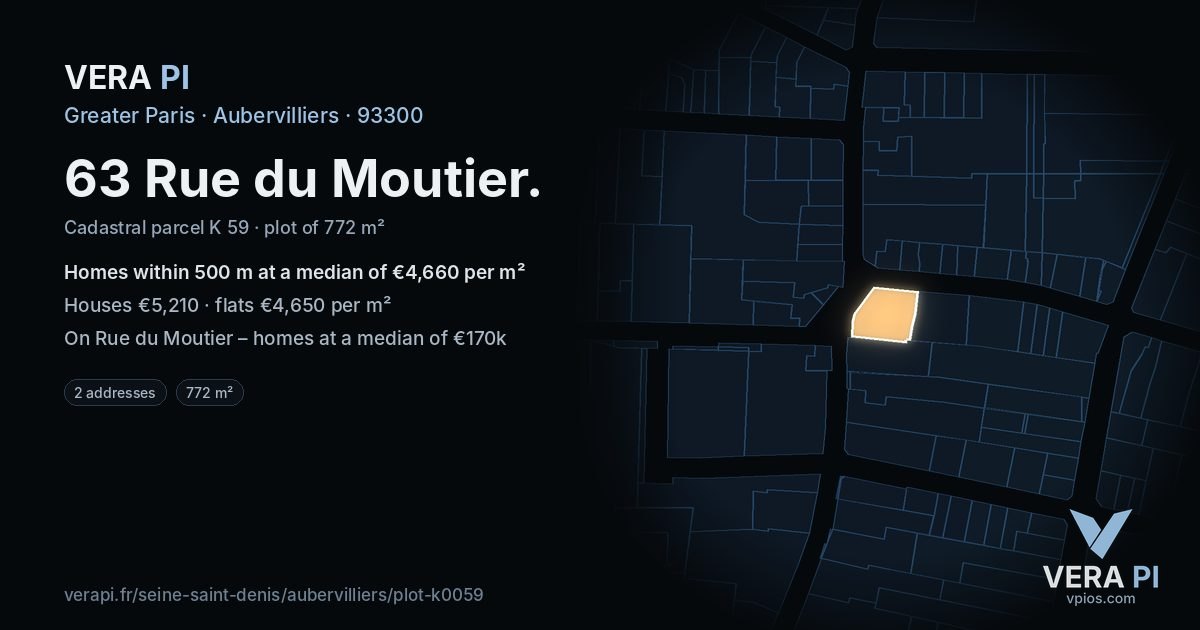 63 Rue du Moutier, Aubervilliers at night – the plot lit, the parcels around coloured by the prices near them