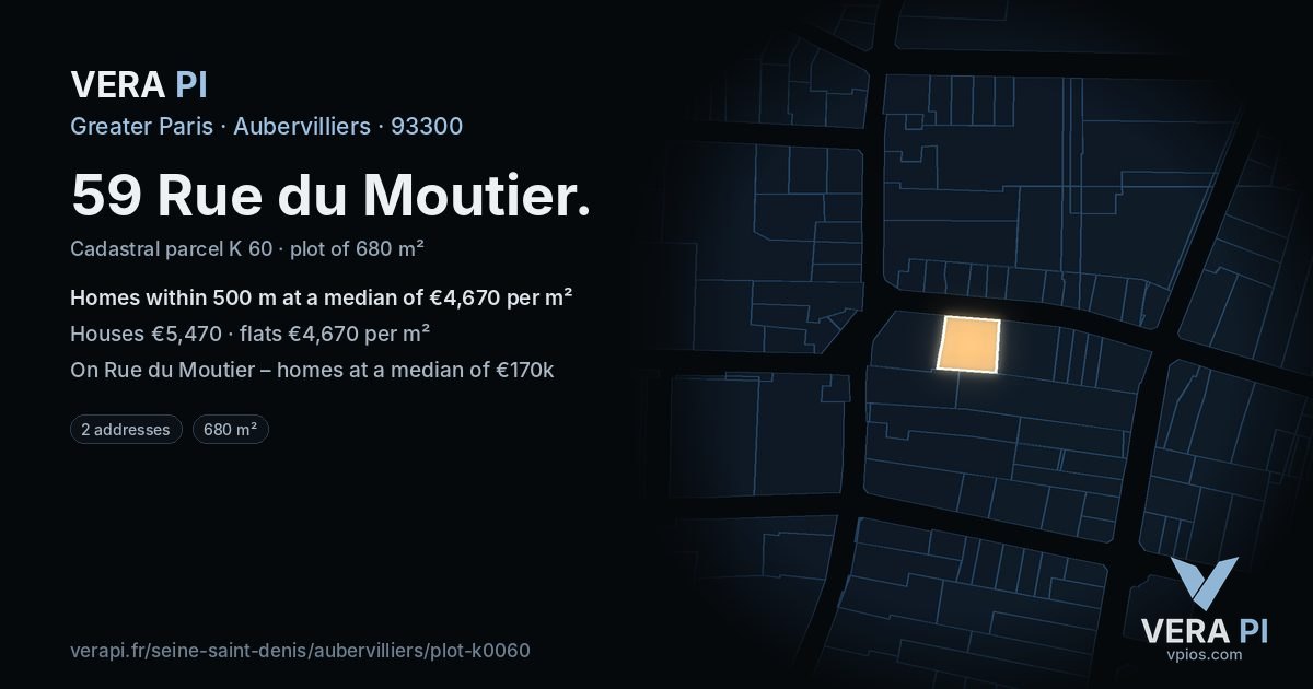 59 Rue du Moutier, Aubervilliers at night – the plot lit, the parcels around coloured by the prices near them
