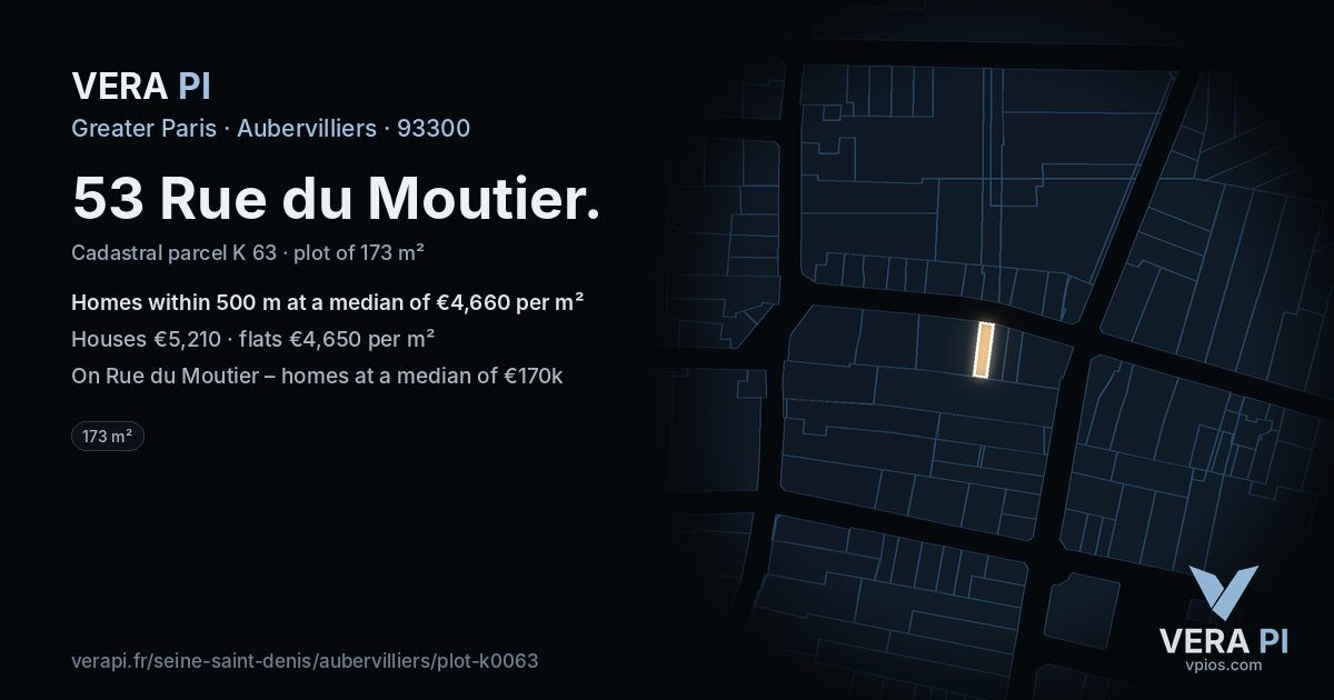 53 Rue du Moutier, Aubervilliers at night – the plot lit, the parcels around coloured by the prices near them
