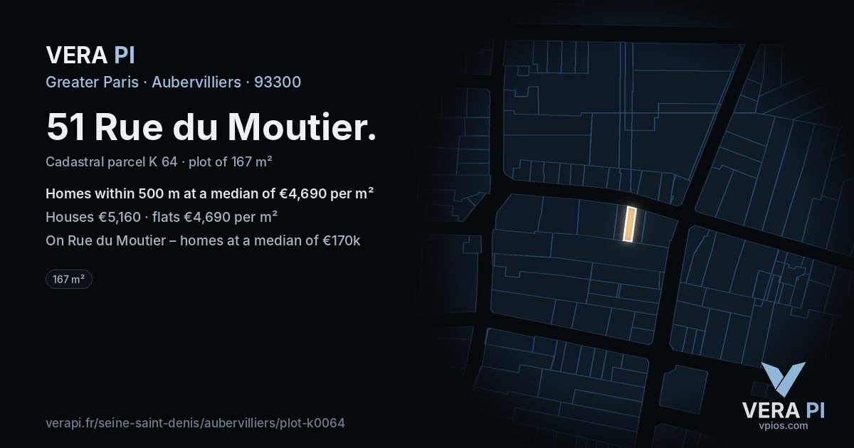 51 Rue du Moutier, Aubervilliers at night – the plot lit, the parcels around coloured by the prices near them