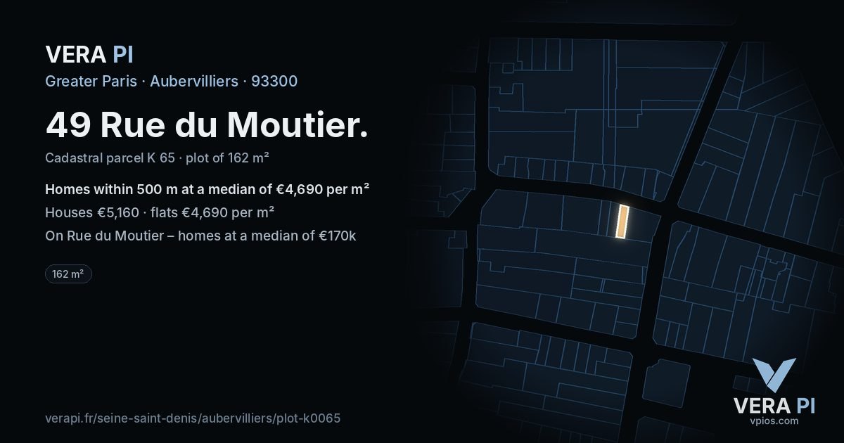 49 Rue du Moutier, Aubervilliers at night – the plot lit, the parcels around coloured by the prices near them