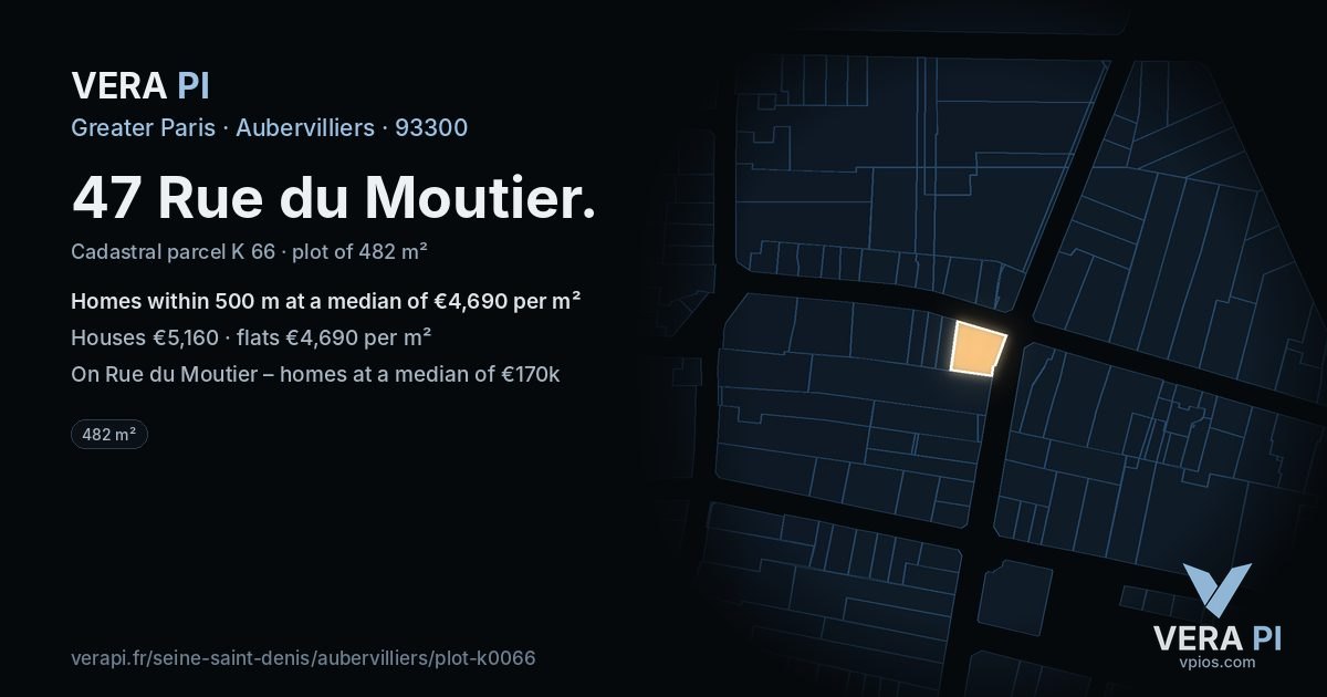 47 Rue du Moutier, Aubervilliers at night – the plot lit, the parcels around coloured by the prices near them