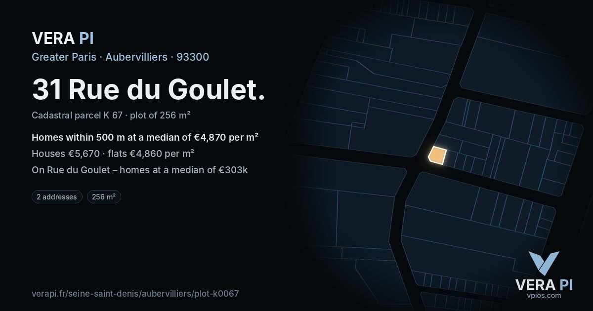 31 Rue du Goulet, Aubervilliers at night – the plot lit, the parcels around coloured by the prices near them