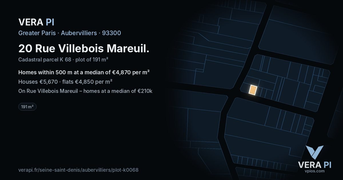20 Rue Villebois Mareuil, Aubervilliers at night – the plot lit, the parcels around coloured by the prices near them