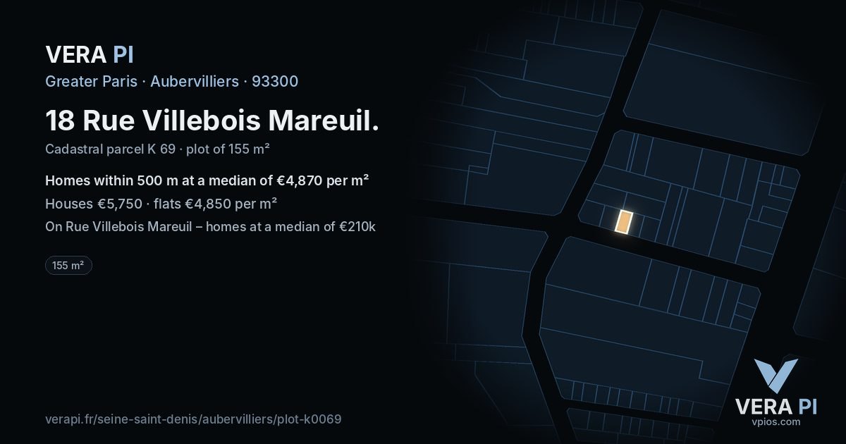 18 Rue Villebois Mareuil, Aubervilliers at night – the plot lit, the parcels around coloured by the prices near them