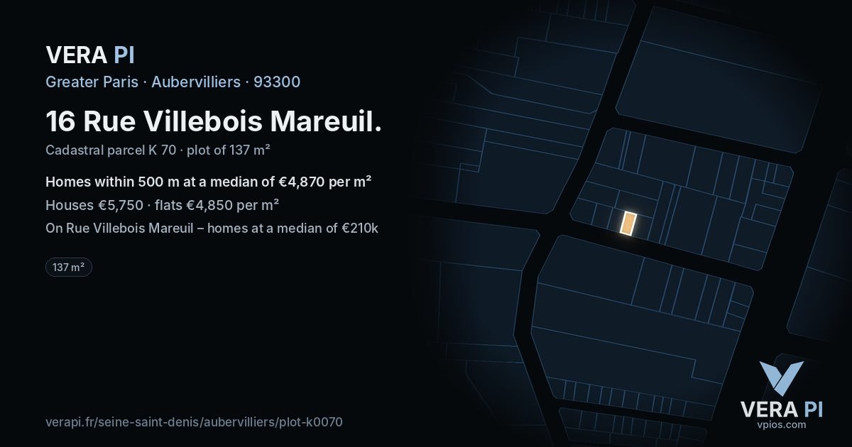 16 Rue Villebois Mareuil, Aubervilliers at night – the plot lit, the parcels around coloured by the prices near them