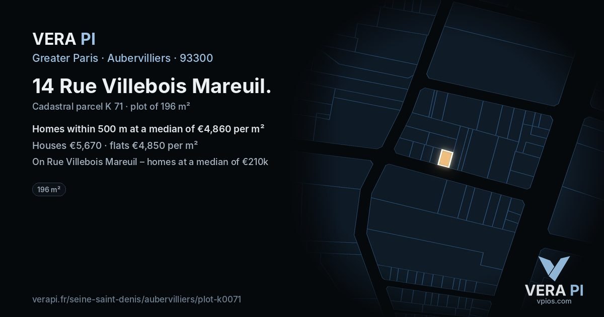 14 Rue Villebois Mareuil, Aubervilliers at night – the plot lit, the parcels around coloured by the prices near them