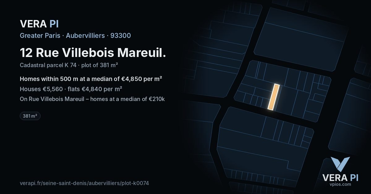 12 Rue Villebois Mareuil, Aubervilliers at night – the plot lit, the parcels around coloured by the prices near them