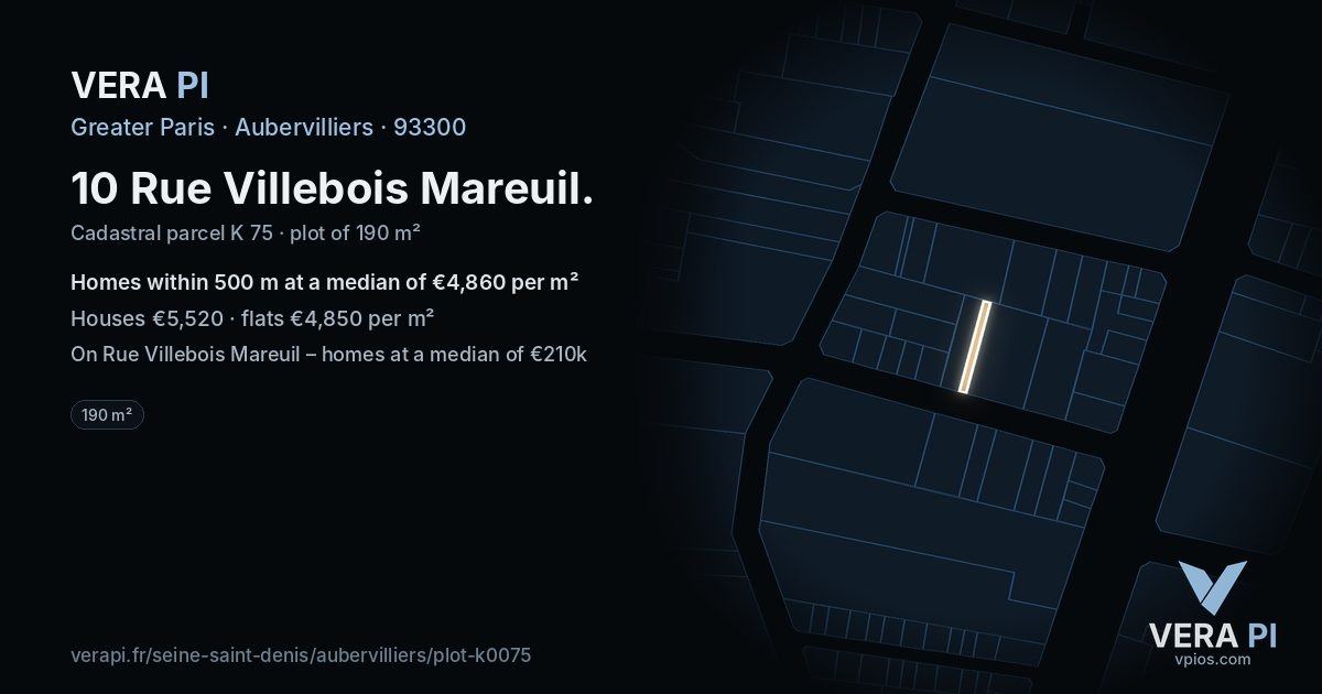 10 Rue Villebois Mareuil, Aubervilliers at night – the plot lit, the parcels around coloured by the prices near them