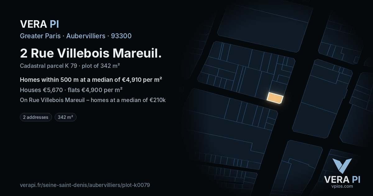 2 Rue Villebois Mareuil, Aubervilliers at night – the plot lit, the parcels around coloured by the prices near them