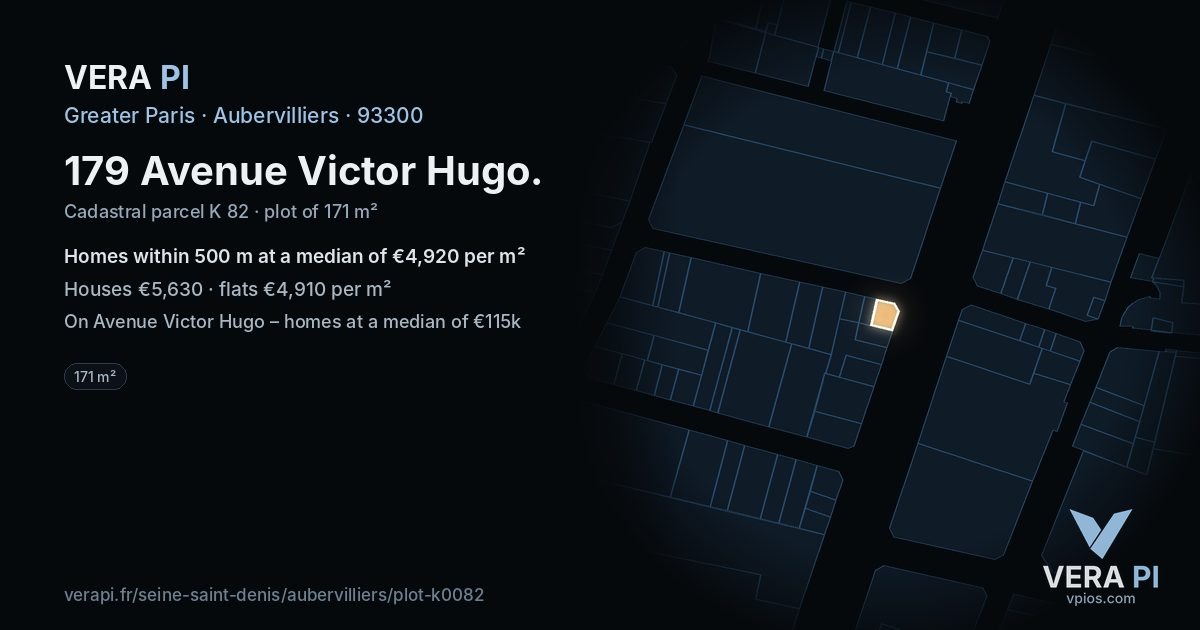 179 Avenue Victor Hugo, Aubervilliers at night – the plot lit, the parcels around coloured by the prices near them