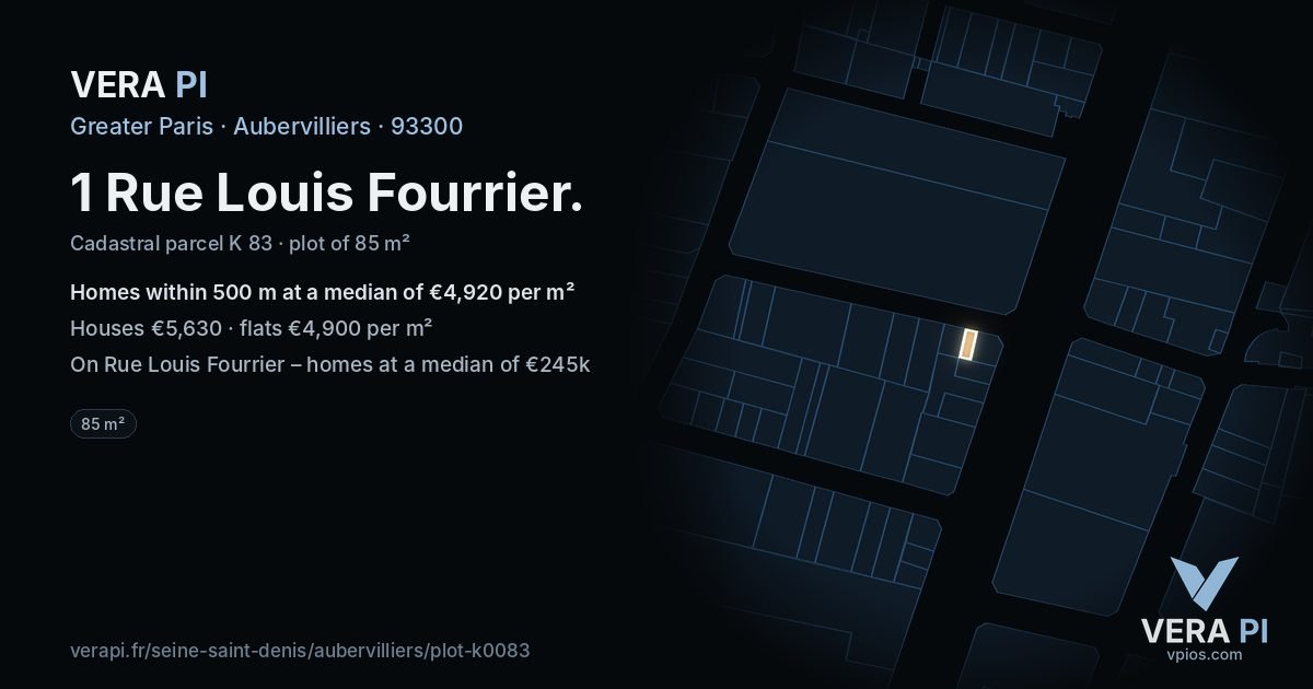 1 Rue Louis Fourrier, Aubervilliers at night – the plot lit, the parcels around coloured by the prices near them