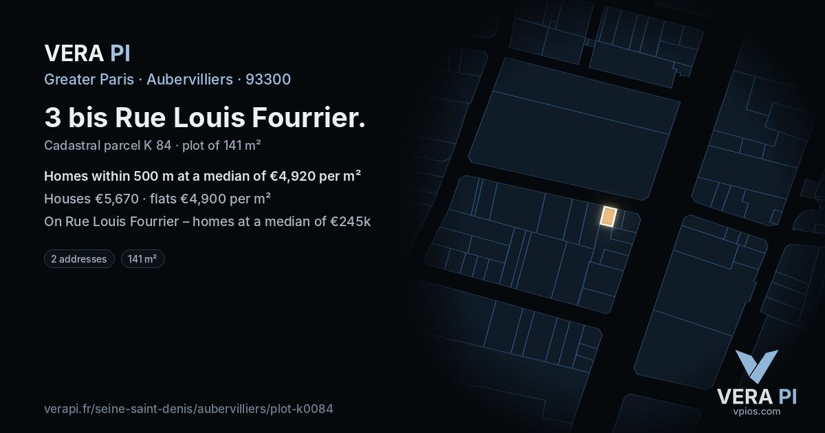 3 bis Rue Louis Fourrier, Aubervilliers at night – the plot lit, the parcels around coloured by the prices near them