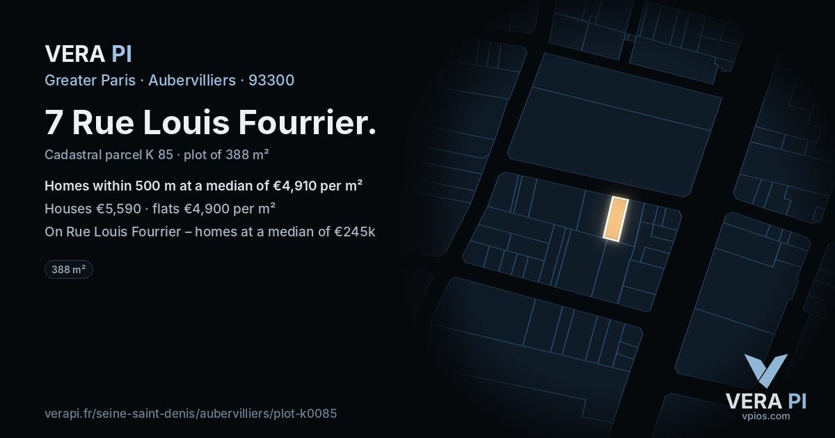 7 Rue Louis Fourrier, Aubervilliers at night – the plot lit, the parcels around coloured by the prices near them