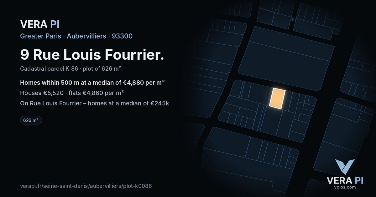 9 Rue Louis Fourrier, Aubervilliers at night – the plot lit, the parcels around coloured by the prices near them