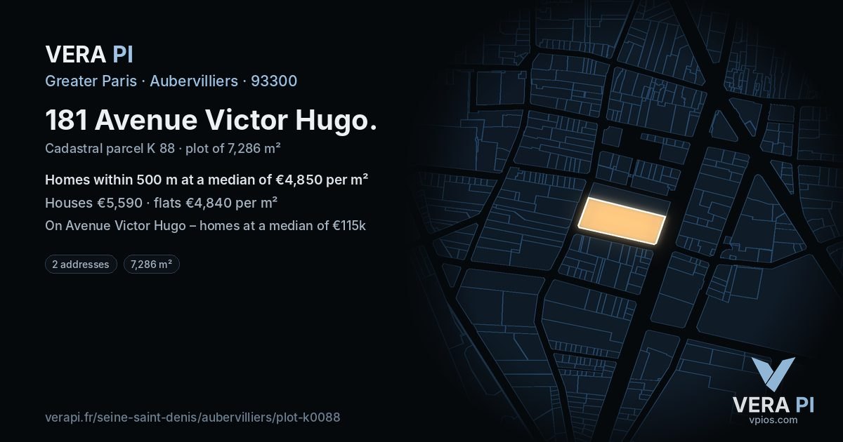 181 Avenue Victor Hugo, Aubervilliers at night – the plot lit, the parcels around coloured by the prices near them