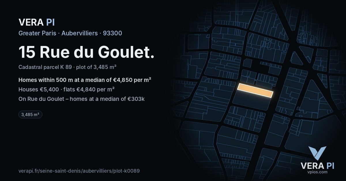 15 Rue du Goulet, Aubervilliers at night – the plot lit, the parcels around coloured by the prices near them
