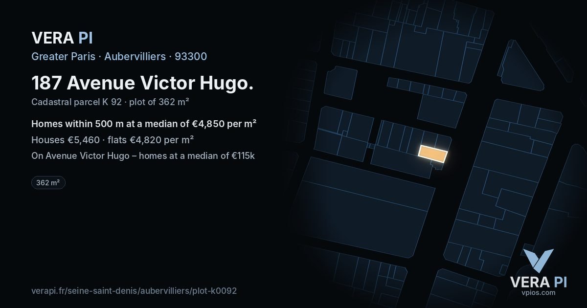 187 Avenue Victor Hugo, Aubervilliers at night – the plot lit, the parcels around coloured by the prices near them