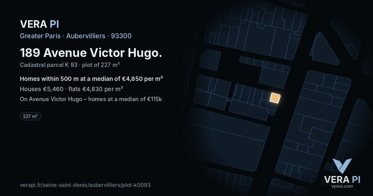 189 Avenue Victor Hugo, Aubervilliers at night – the plot lit, the parcels around coloured by the prices near them