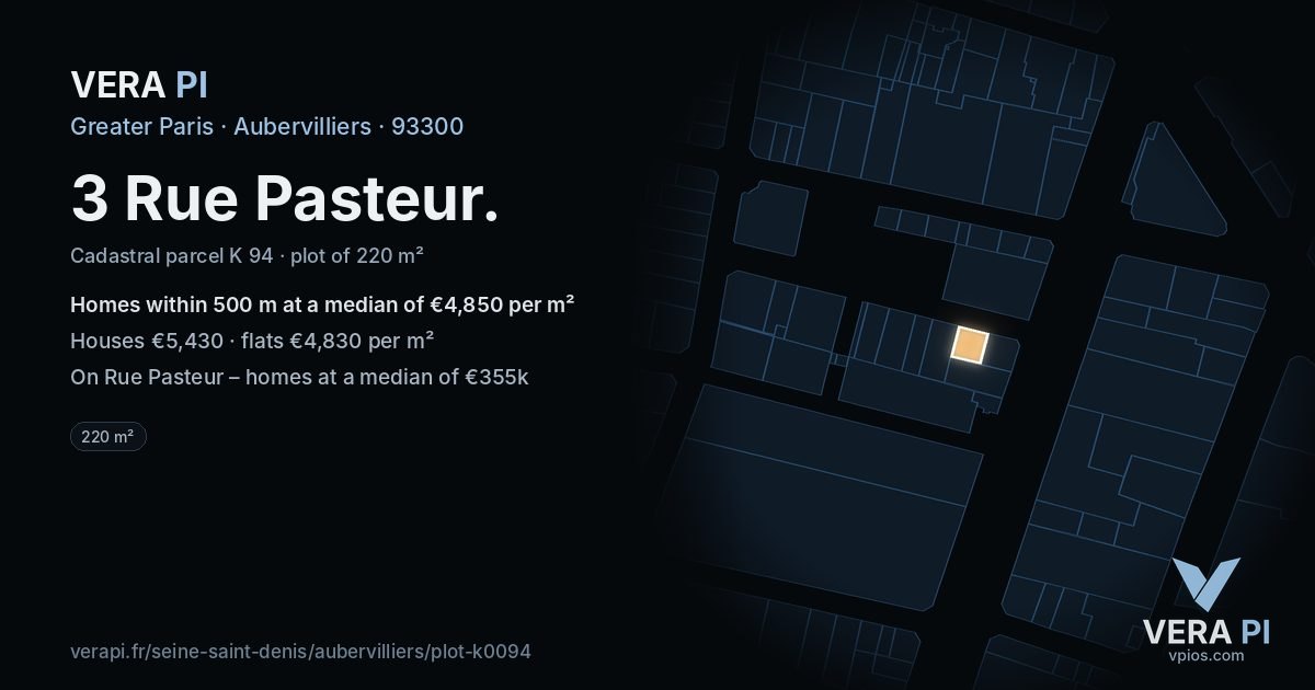 3 Rue Pasteur, Aubervilliers at night – the plot lit, the parcels around coloured by the prices near them