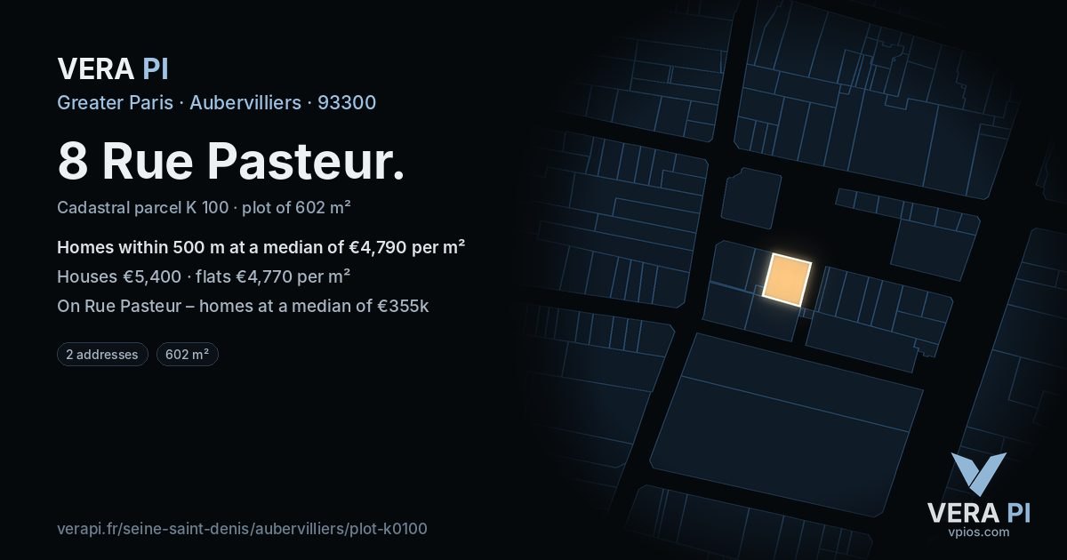 8 Rue Pasteur, Aubervilliers at night – the plot lit, the parcels around coloured by the prices near them