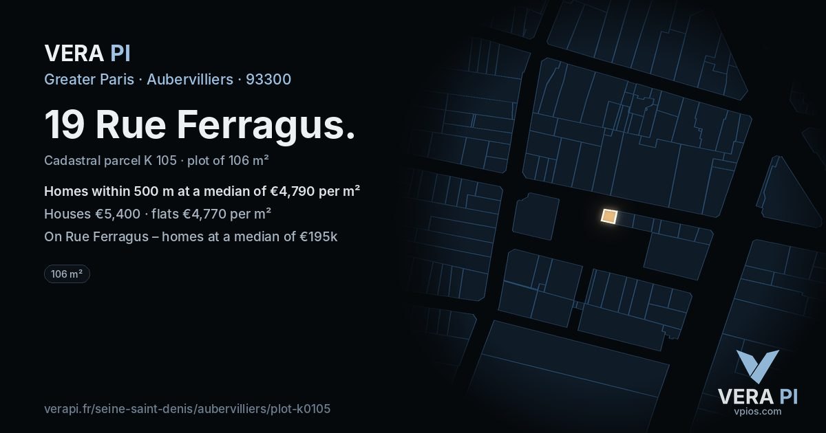 19 Rue Ferragus, Aubervilliers at night – the plot lit, the parcels around coloured by the prices near them