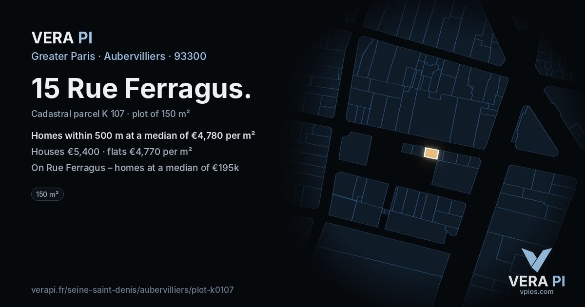 15 Rue Ferragus, Aubervilliers at night – the plot lit, the parcels around coloured by the prices near them
