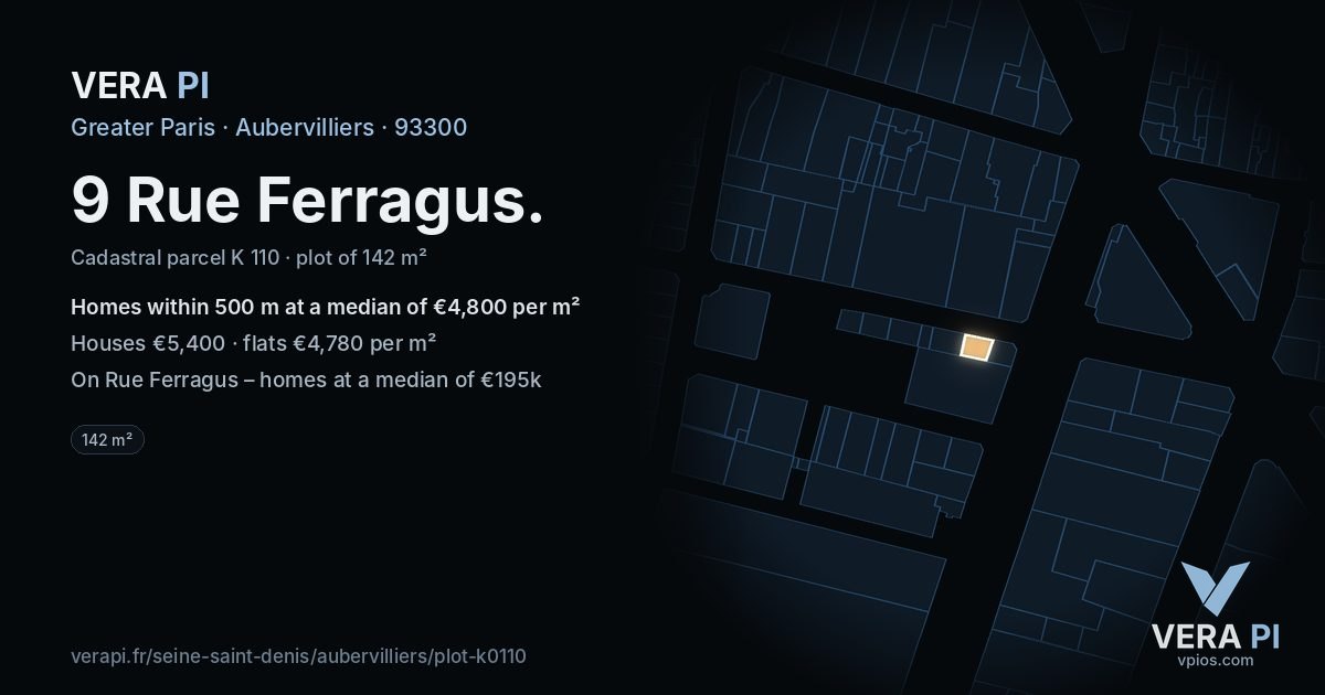 9 Rue Ferragus, Aubervilliers at night – the plot lit, the parcels around coloured by the prices near them