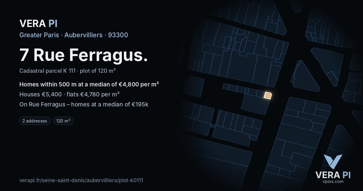 7 Rue Ferragus, Aubervilliers at night – the plot lit, the parcels around coloured by the prices near them