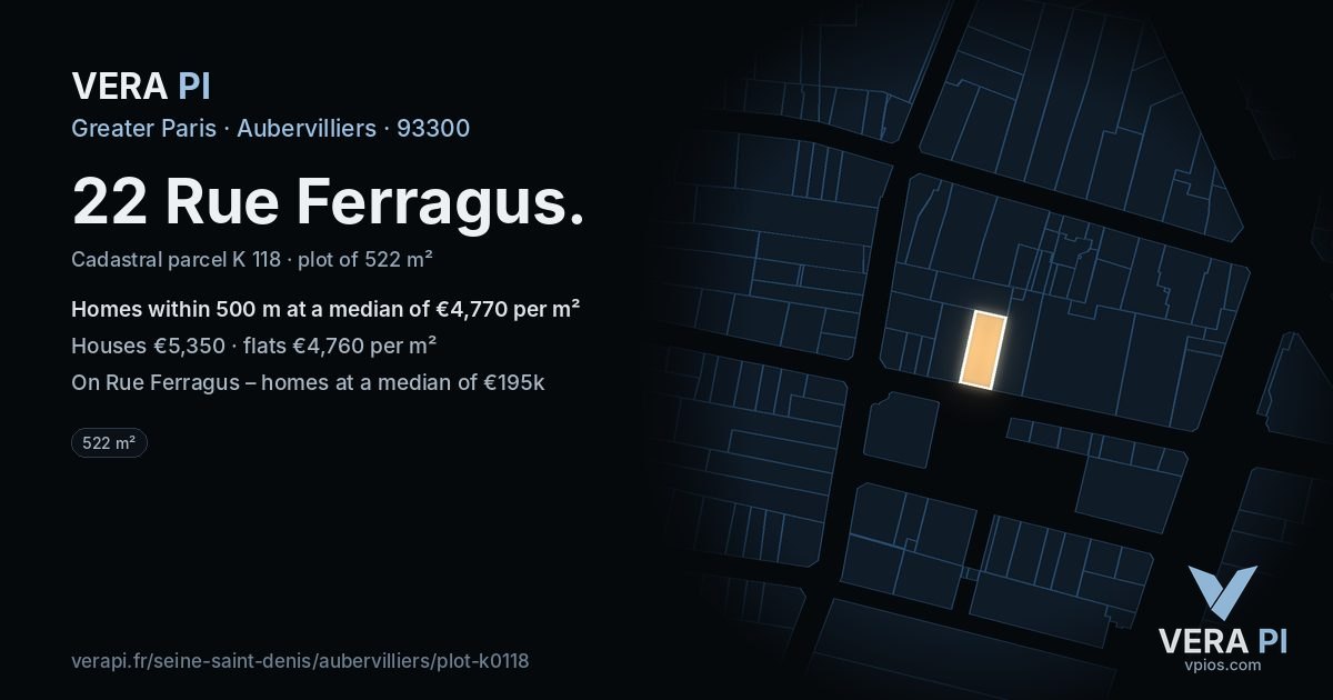 22 Rue Ferragus, Aubervilliers at night – the plot lit, the parcels around coloured by the prices near them