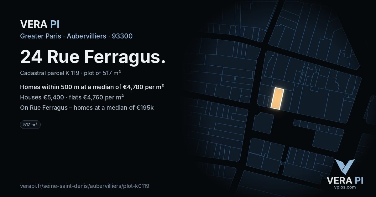 24 Rue Ferragus, Aubervilliers at night – the plot lit, the parcels around coloured by the prices near them