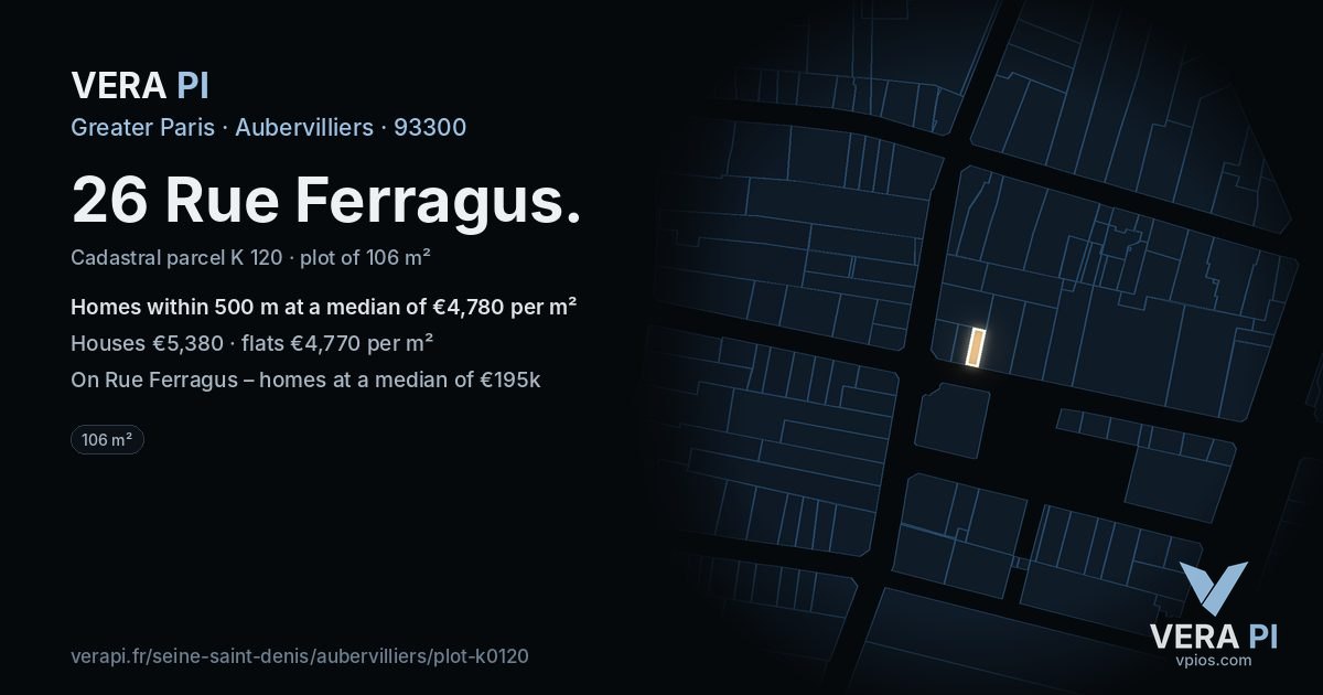 26 Rue Ferragus, Aubervilliers at night – the plot lit, the parcels around coloured by the prices near them